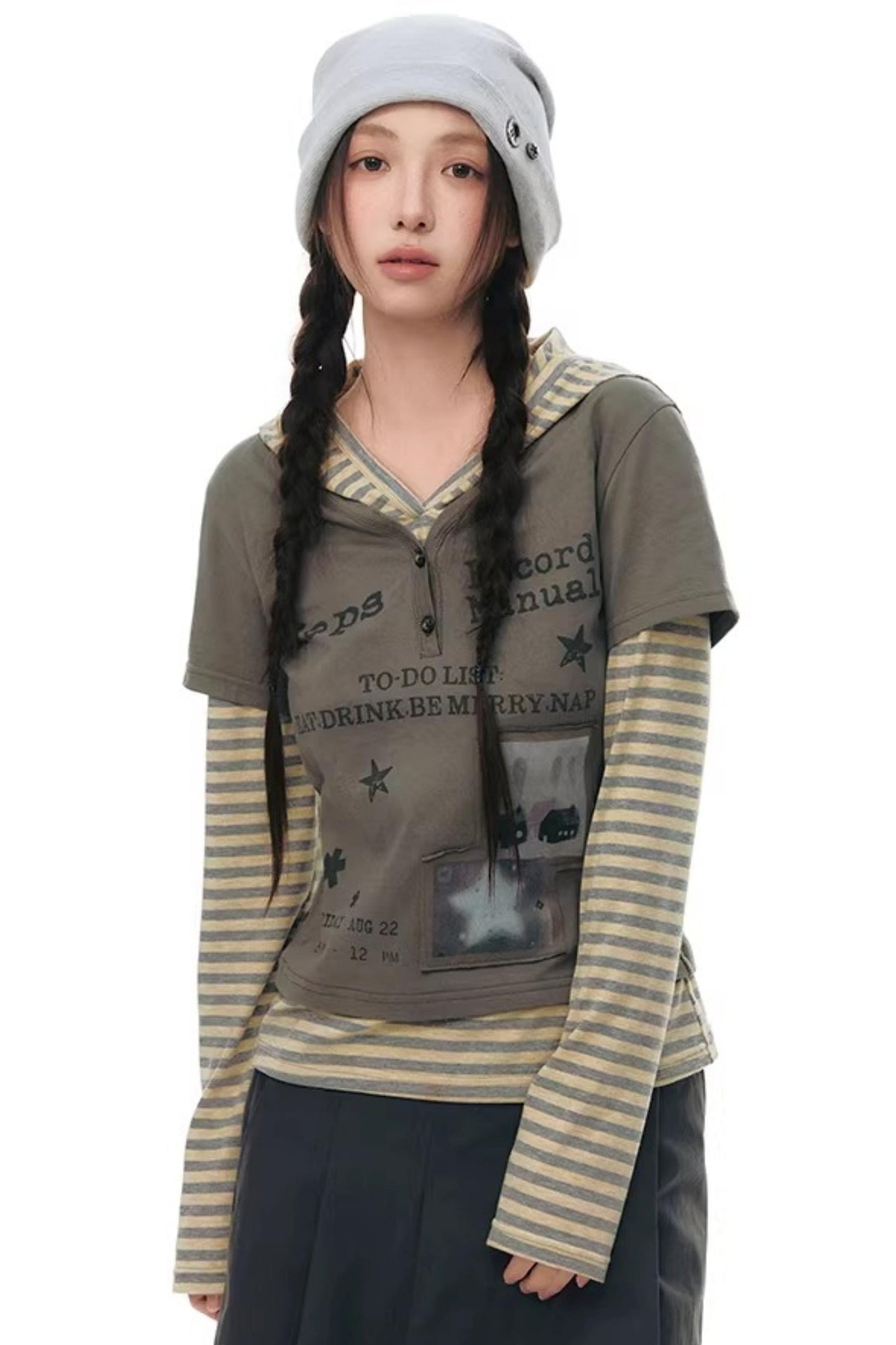 Hooded Spliced Long-Sleeve Top