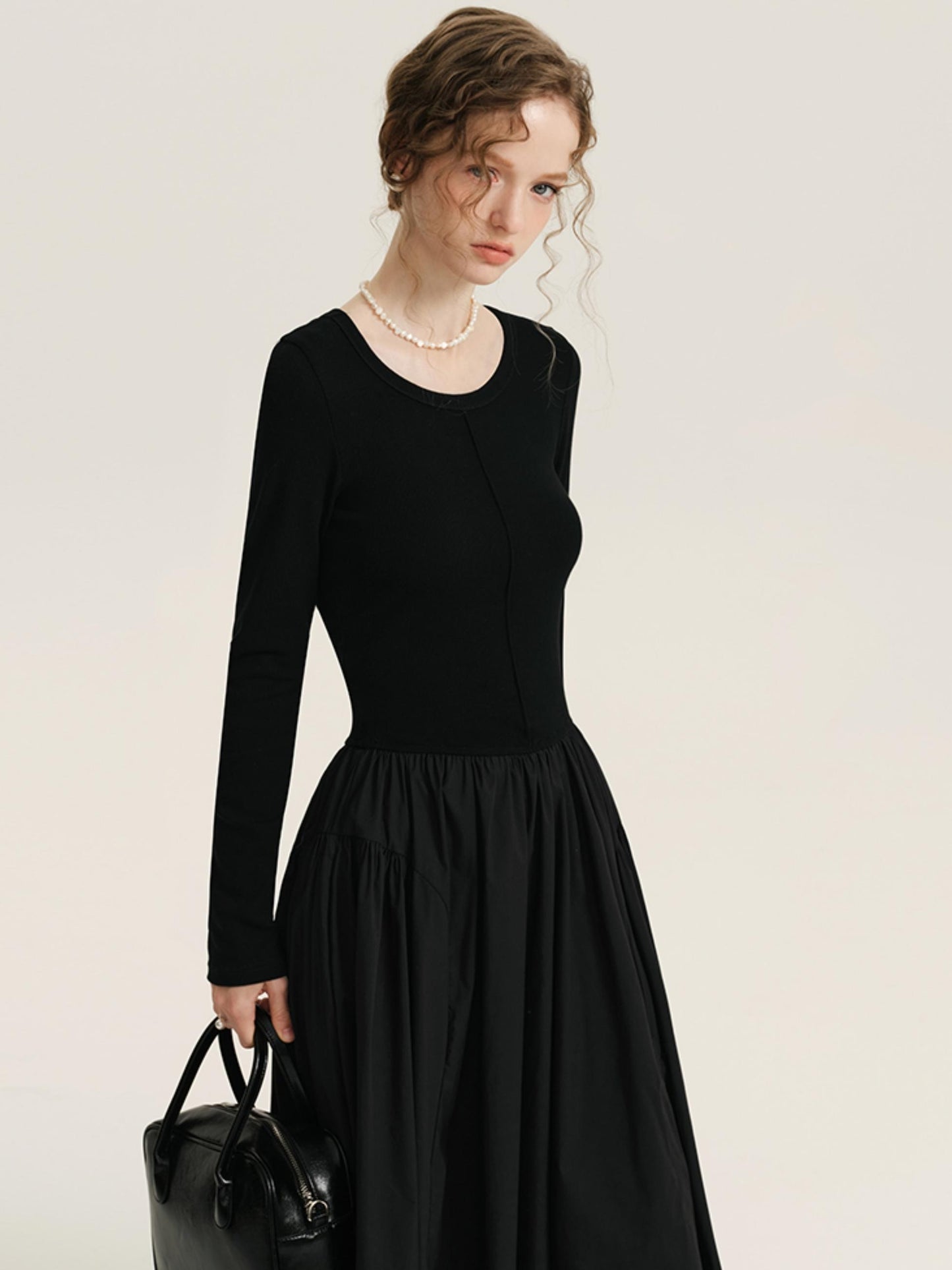 Black Patchwork Long-Sleeved Dress