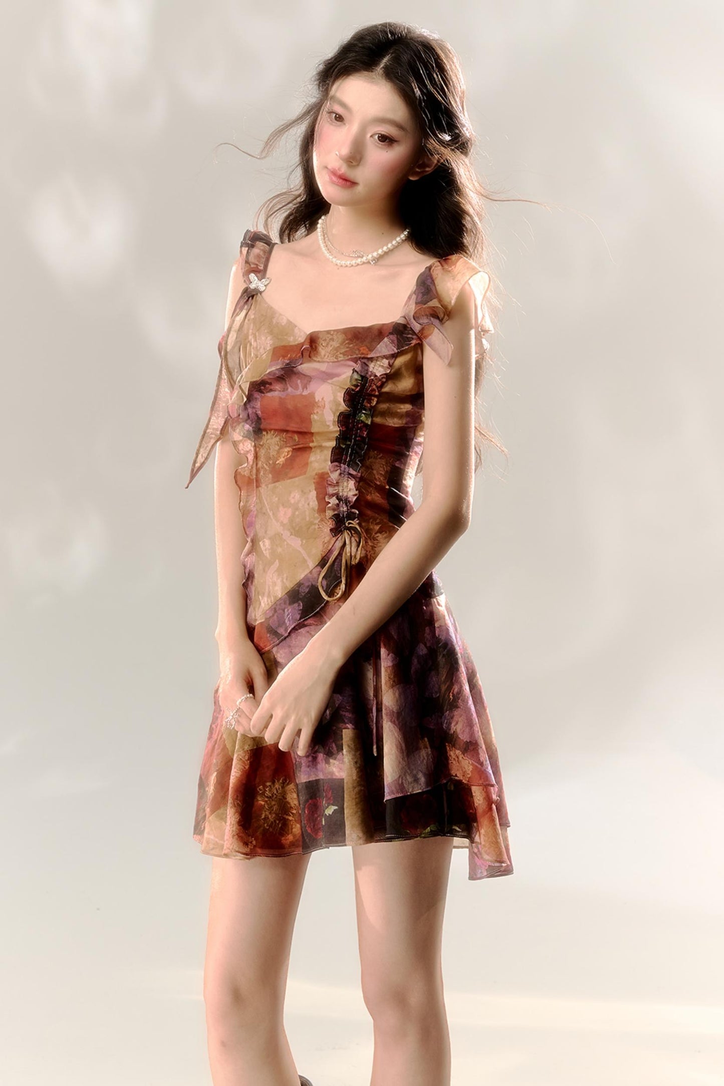 Butterfly Sleeve Floral Tie-Dye Dress