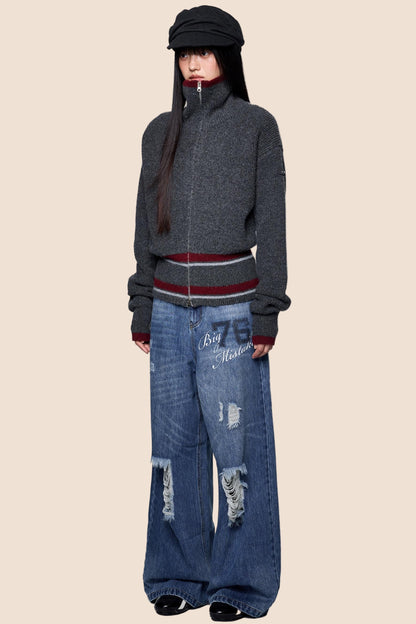 Stand Neck Stripe Sweater Jacket