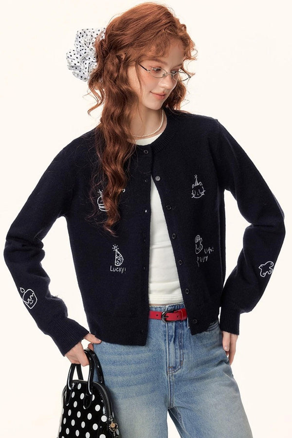 Childlike Embroidery Knit Cardigan