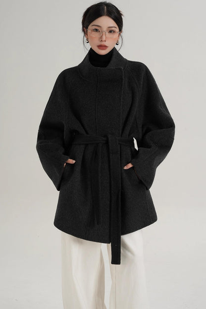 Elegant Woolen Lace-Up Coat