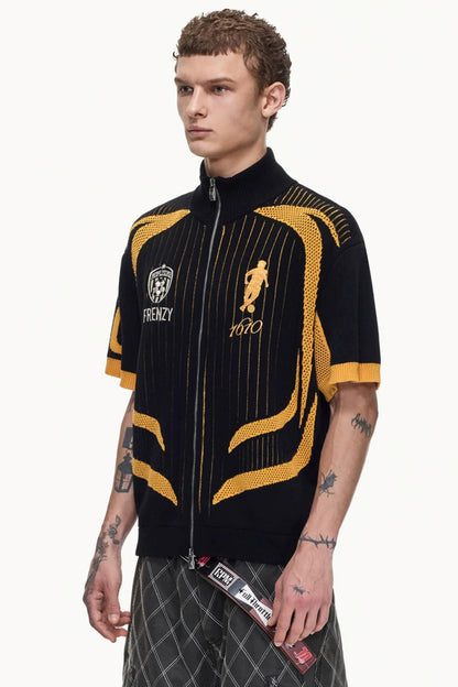 Yellow Black Mesh Knit Polo Top