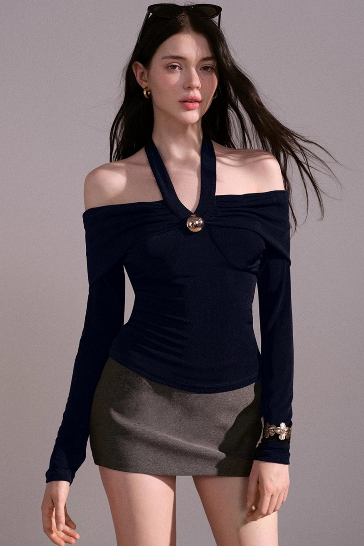 Sense Twisted Navy Halterneck Long Sleeve Top