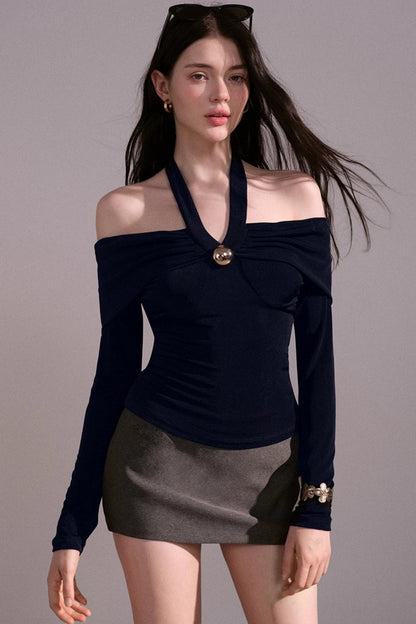 Sense Twisted Navy Halterneck Long Sleeve Top