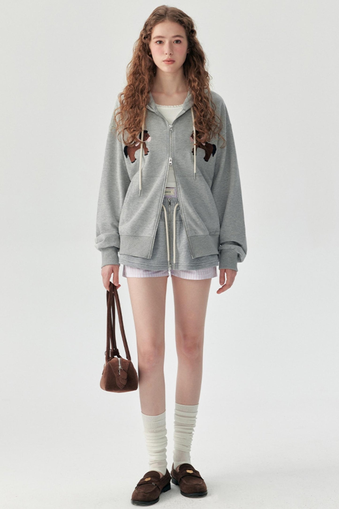 Gray Embroidered Hooded Sweatshirt Coat