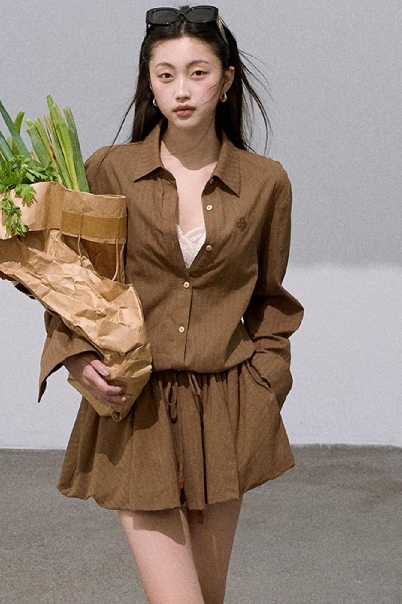 Shirt Style Long-Sleeved Puffy Dress