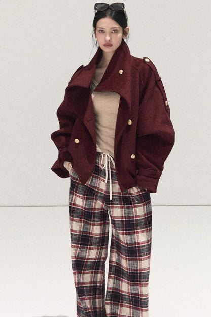 Pure Cotton Plaid Wide-Leg Pants