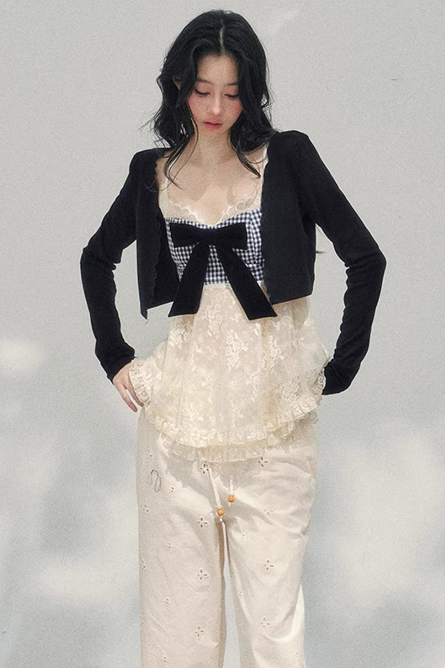 Bow Lace Plaid Top Set-Up