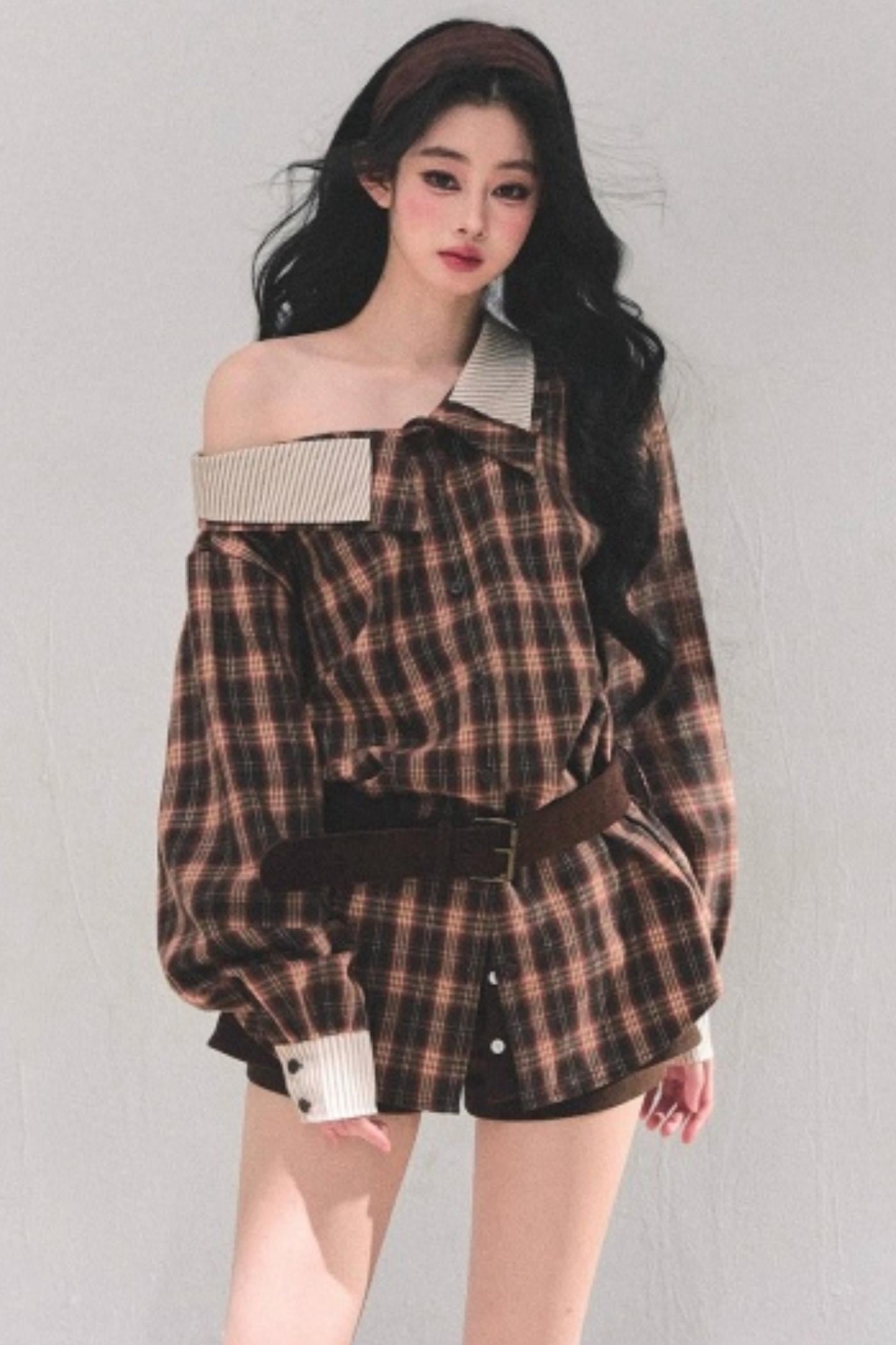 Off-Shoulder Plaid Shirt