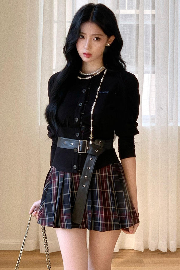 Black Puff Sleeve Shirt With Belt Set-Up