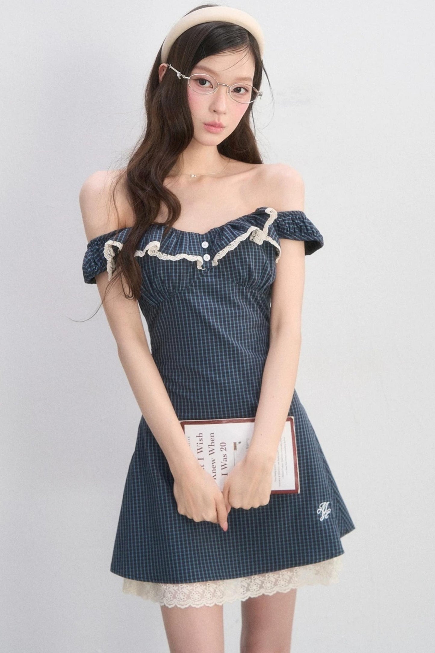 레이스 체크 A라인 원피스