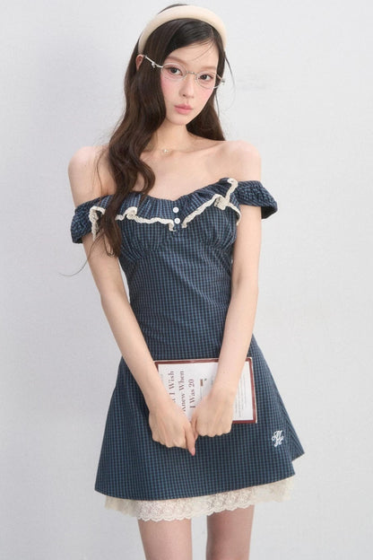 레이스 체크 A라인 원피스