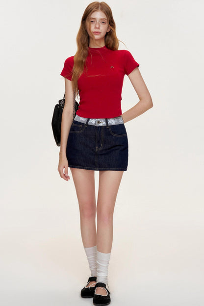 French Lace-panel A-line Denim Skirt