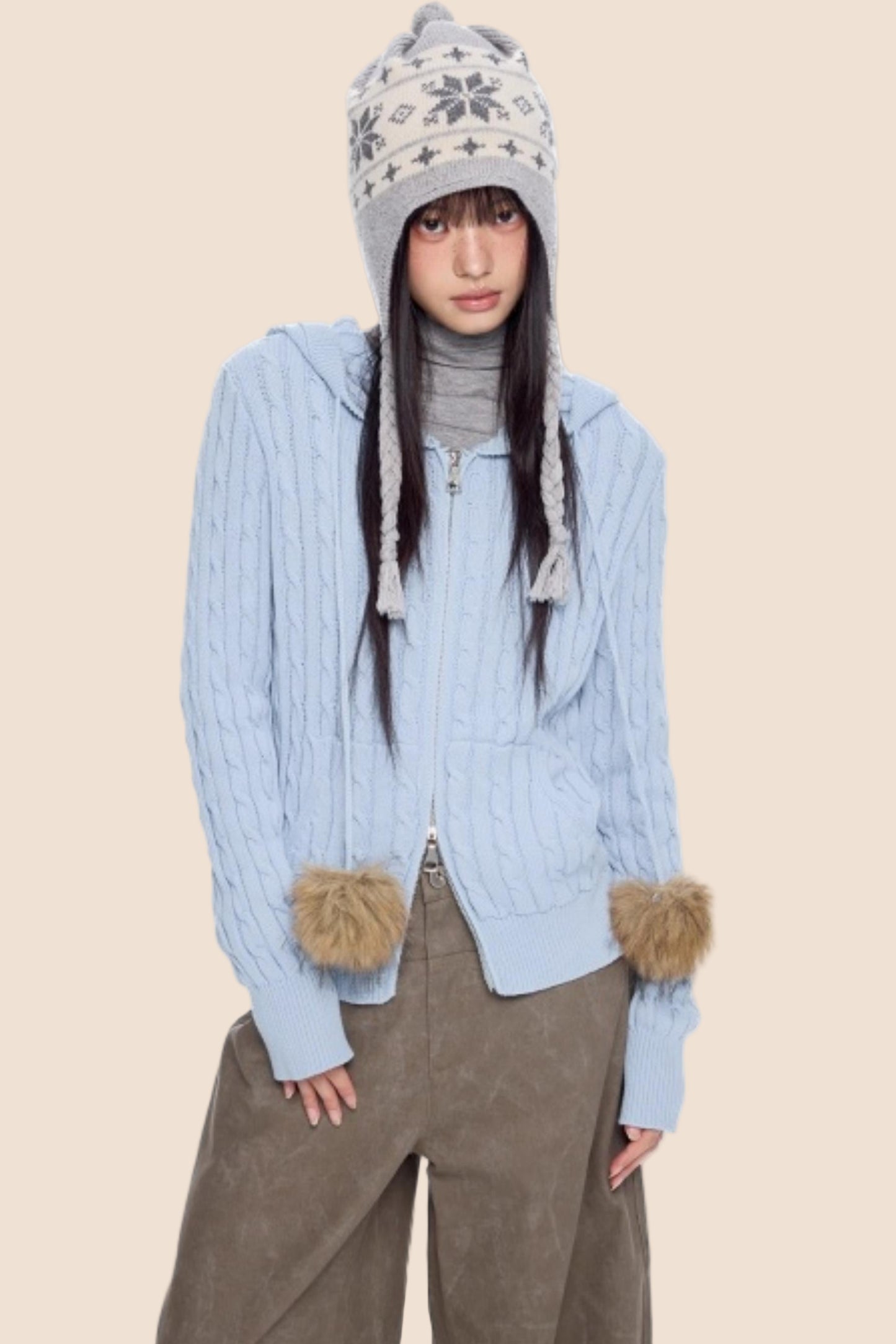 Furball Twisted Knit Hooded Cardigan