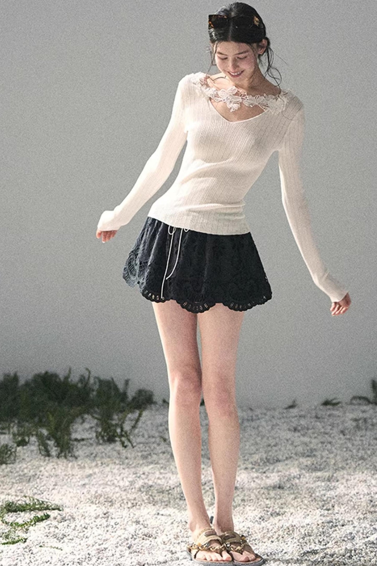 Lace-Trimmed Knitted Top