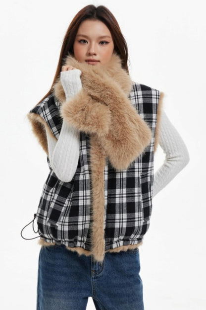 Plaid Lined Fur Vest Reversible Jacket