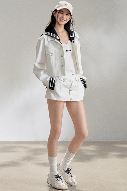 White Navy Short Denim Jacket Set-Up