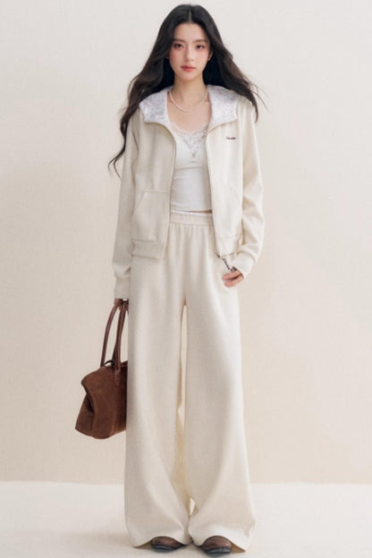 Rose Print Patchwork Hooded Jacket Set-Up