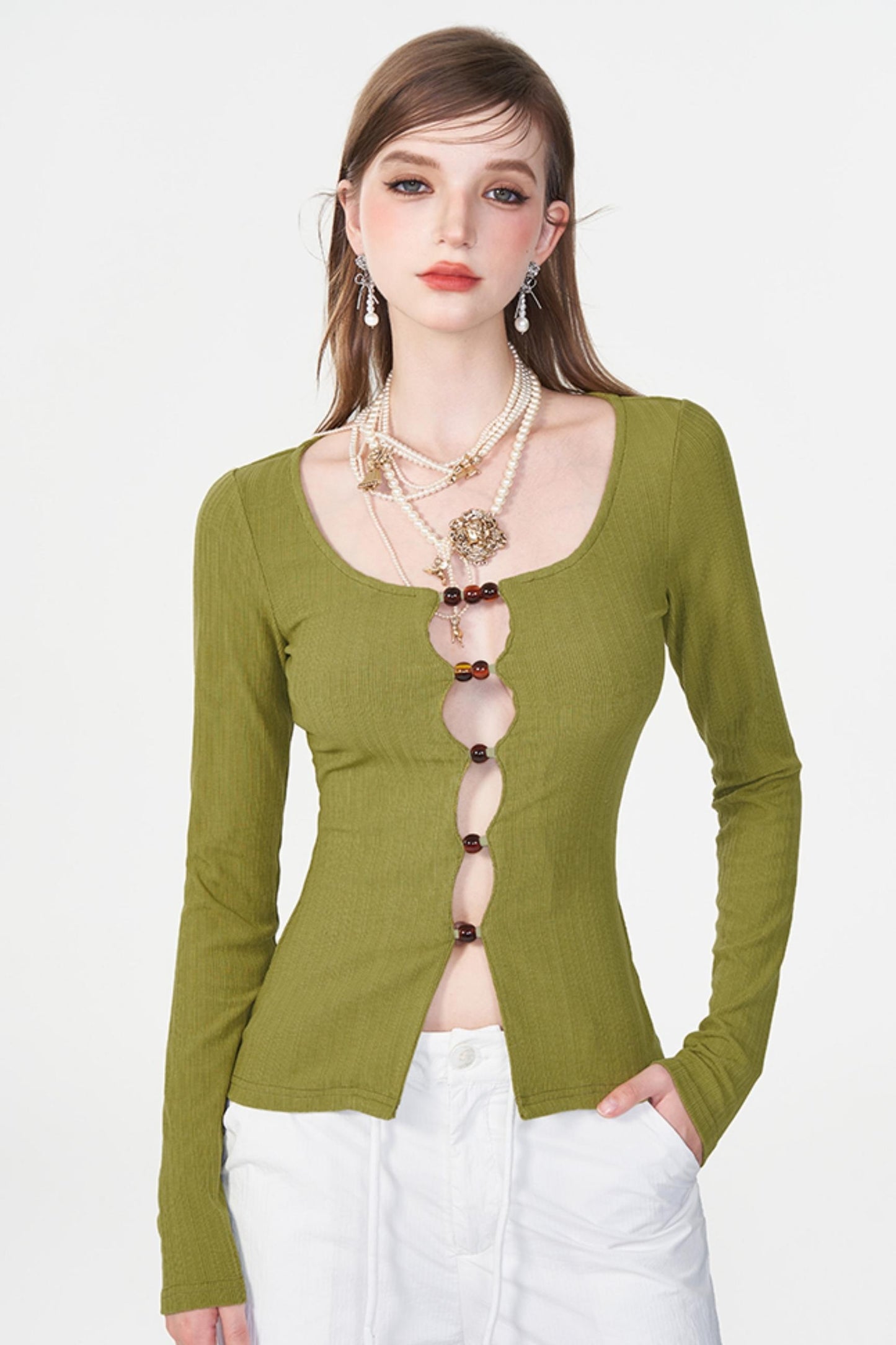 Color Beaded U-Neck Long Sleeve Tee