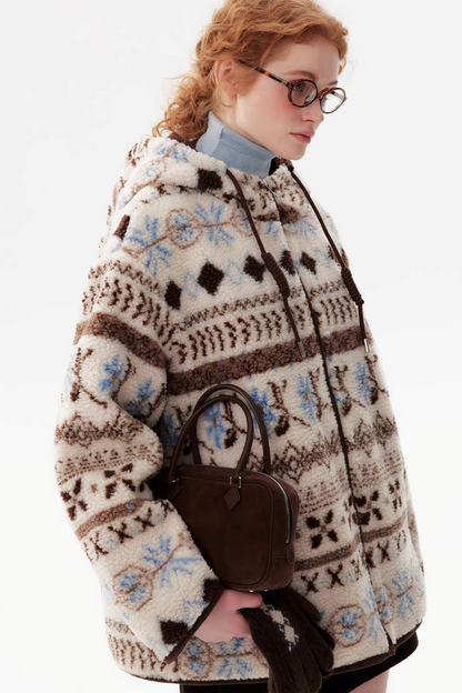 Scandinavian Snowflake Wool Hooded Coat