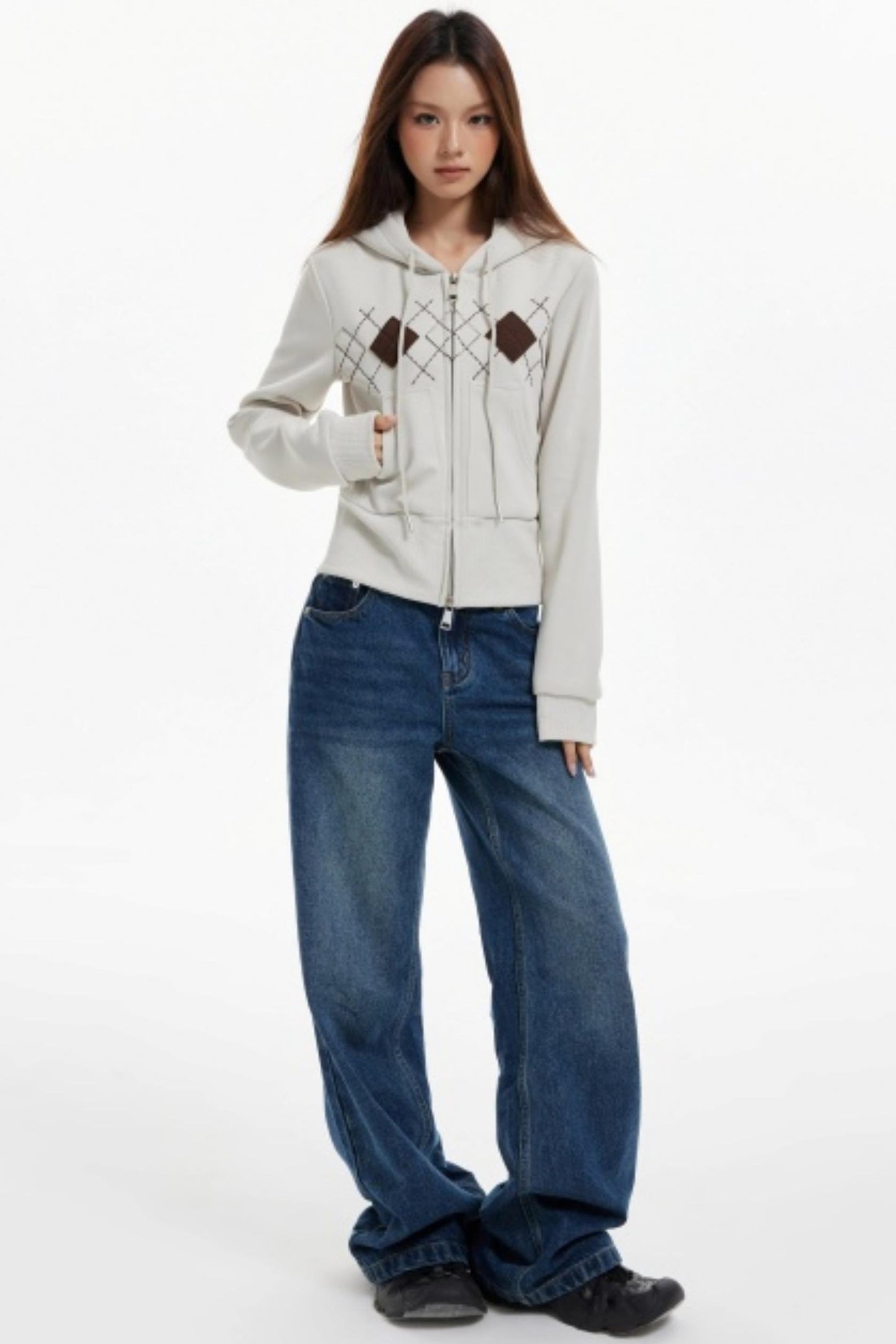 Diamond Plaid Hooded Waist Jacket