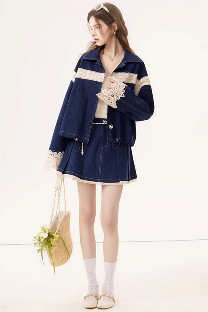 Retro Denim Lace Jacket Set