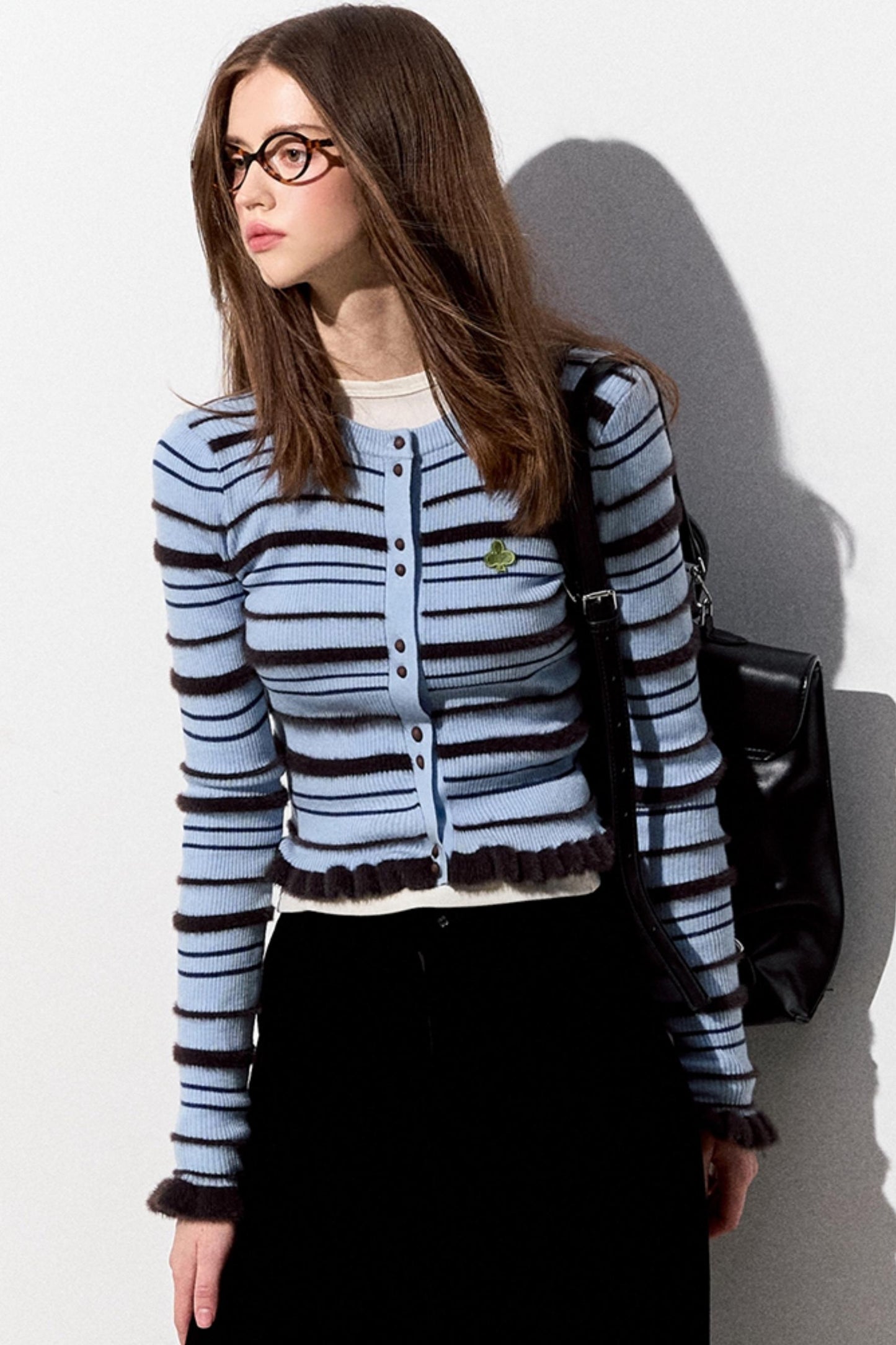 Rolled-Edge Striped Sweater Cardigan