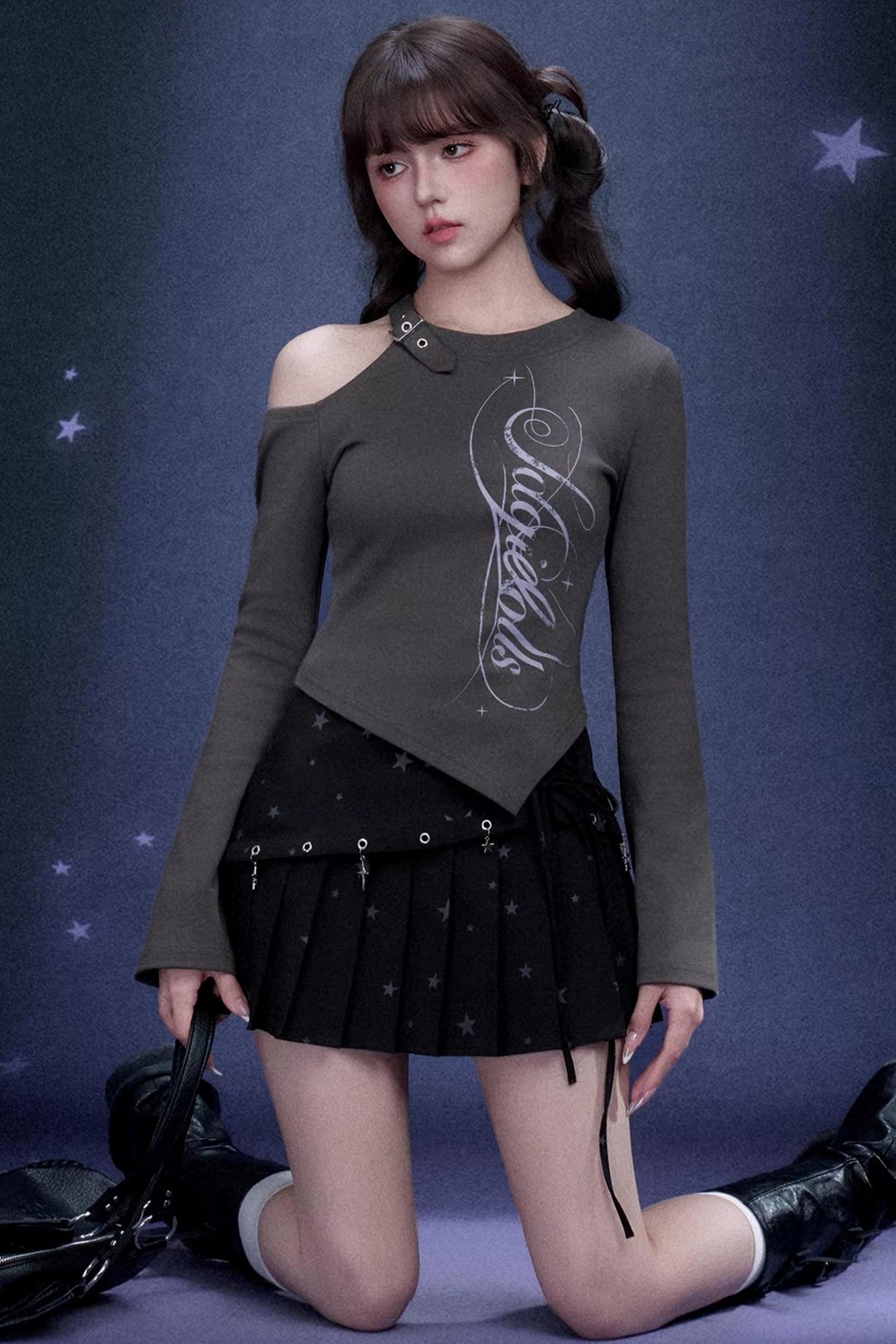 Gray Off-Shoulder T-Shirt Top