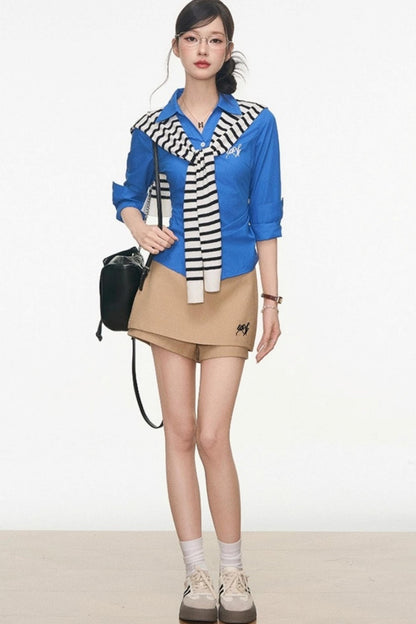 Slim Plaid Shirt & Short Skirt Set-Up