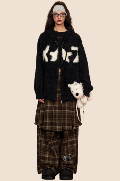 Casual Woolen Plaid Skirt And Pants Set-Up