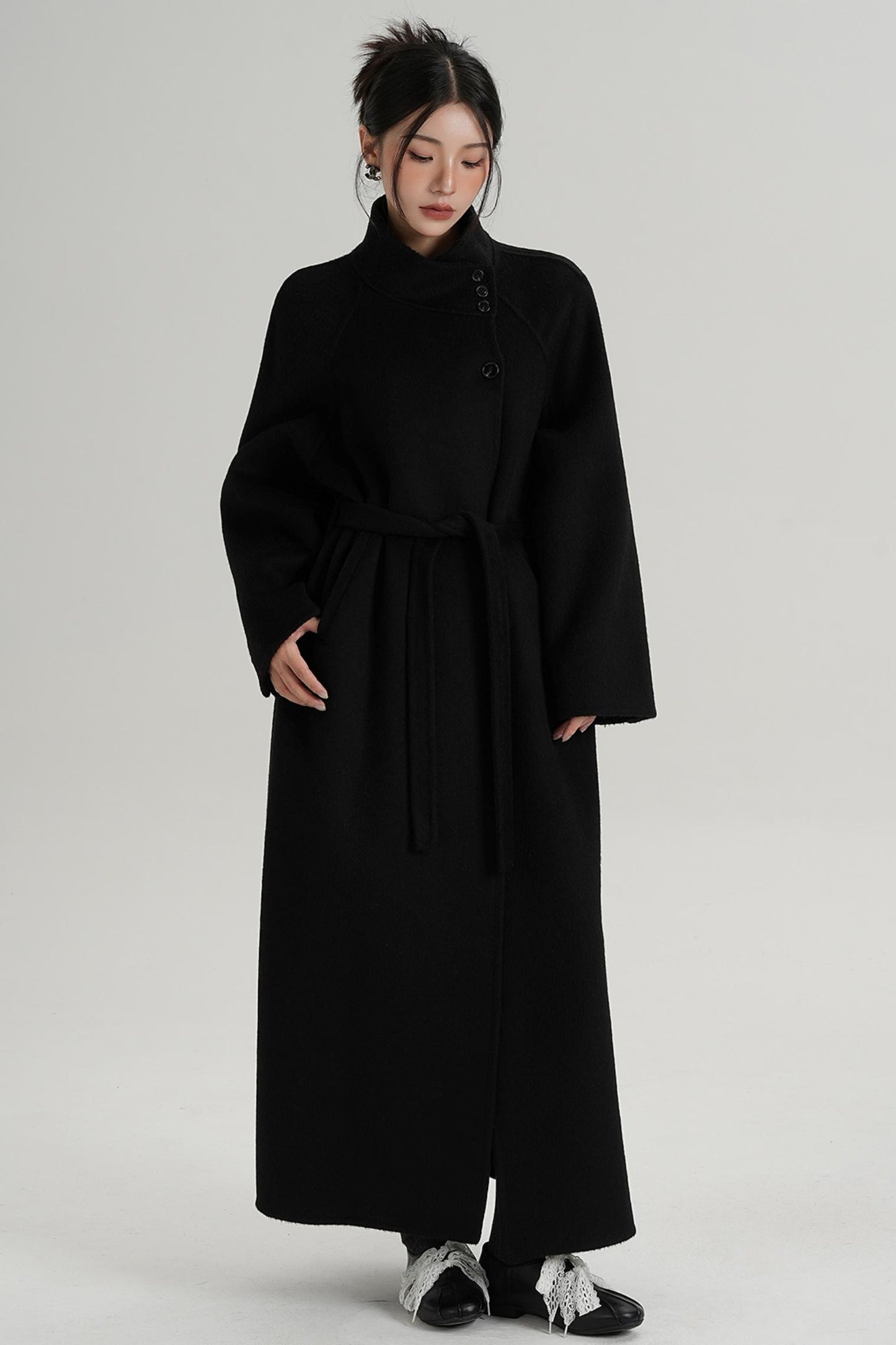Diagonal Collar Woolen Long Coat