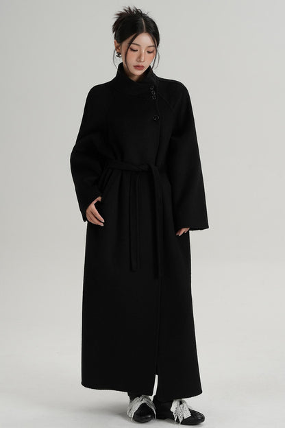 Diagonal Collar Woolen Long Coat