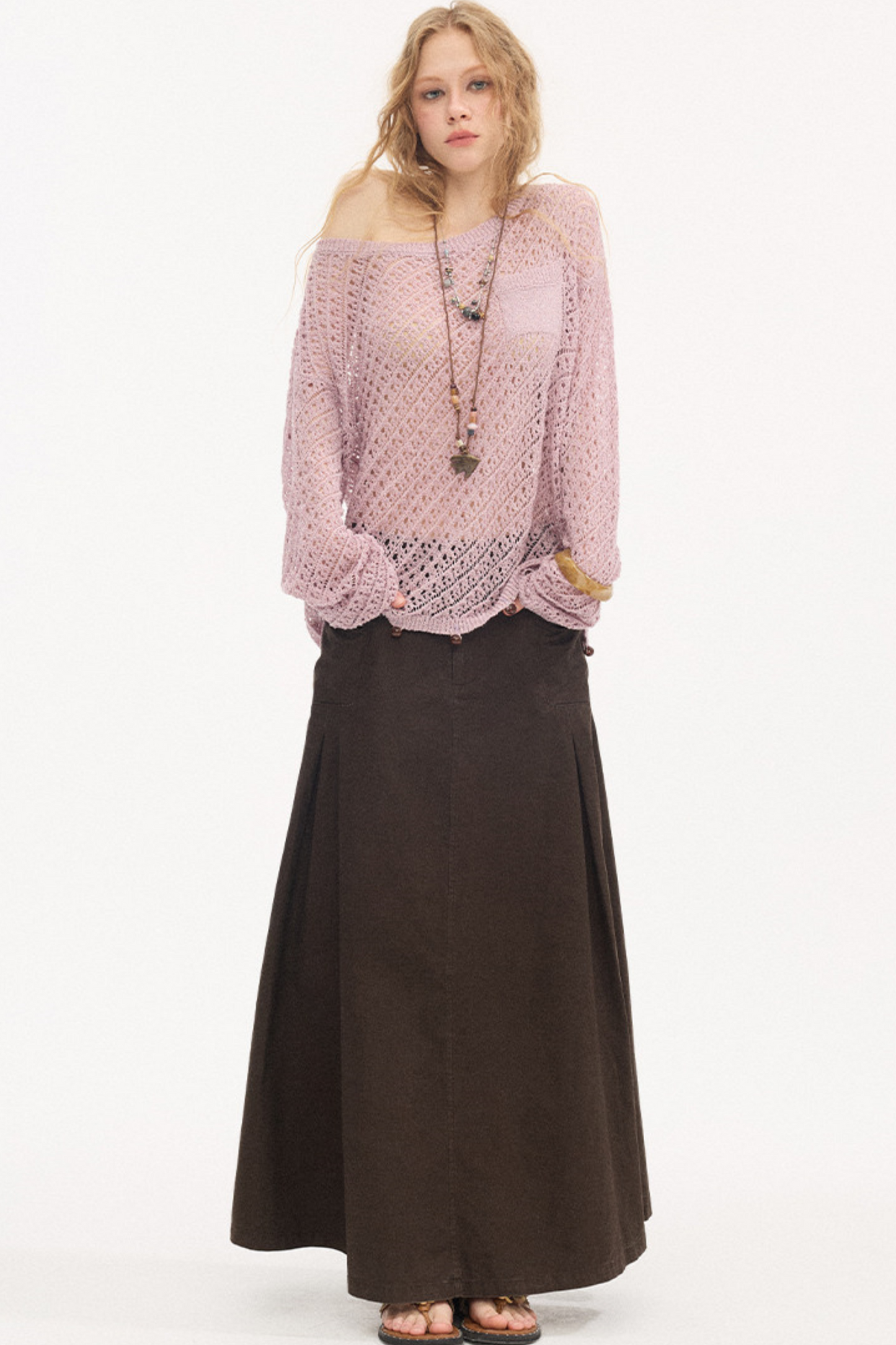 Diagonal Hollow Beaded Knit Sweater