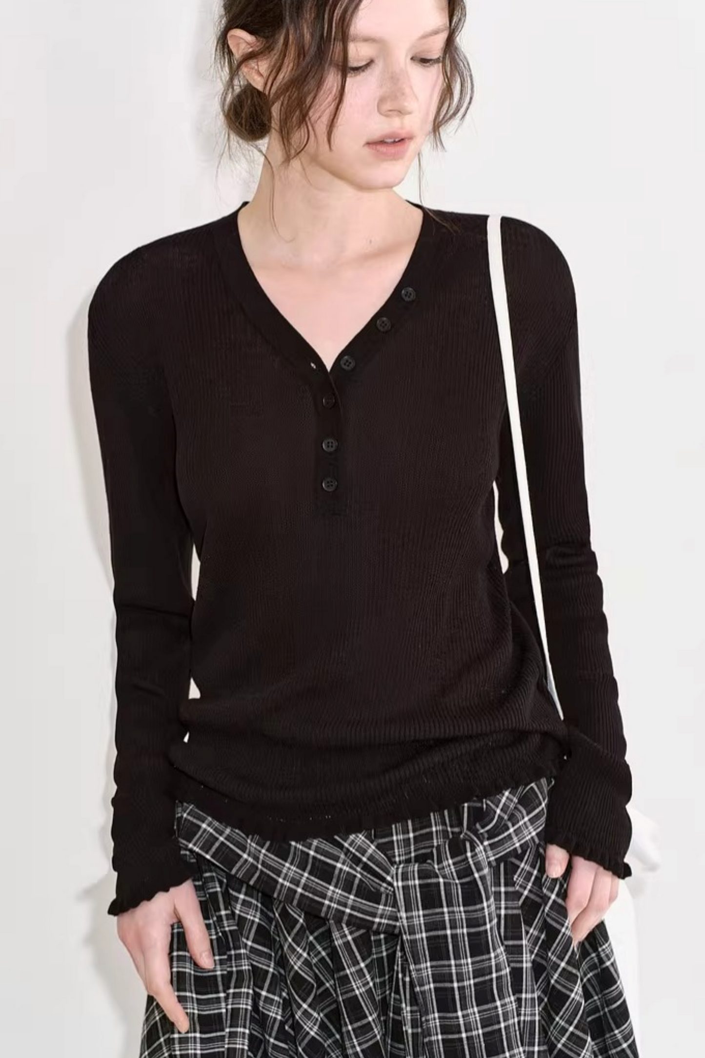 Knit Ruffled V-Neck Sweater