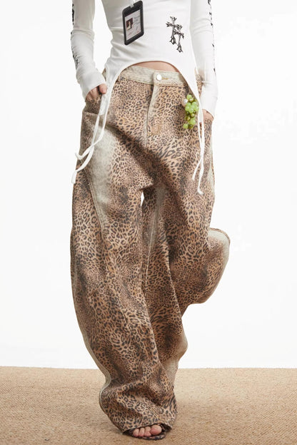 Retro Leopard Print Denim Pants