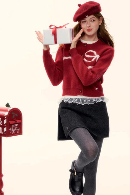 Bow Jacquard Cardigan Sweater