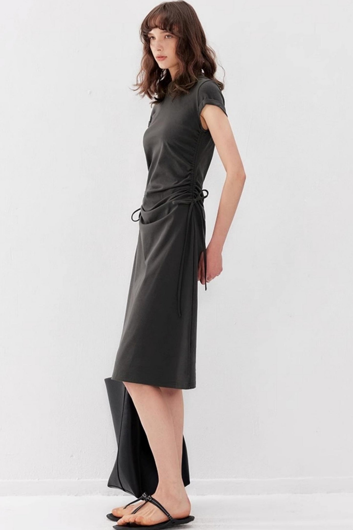 Drawstring Waist Slim Midi Dress