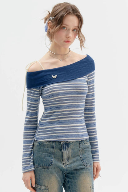 Dark Blue Stripe One-Shoulder Shirt