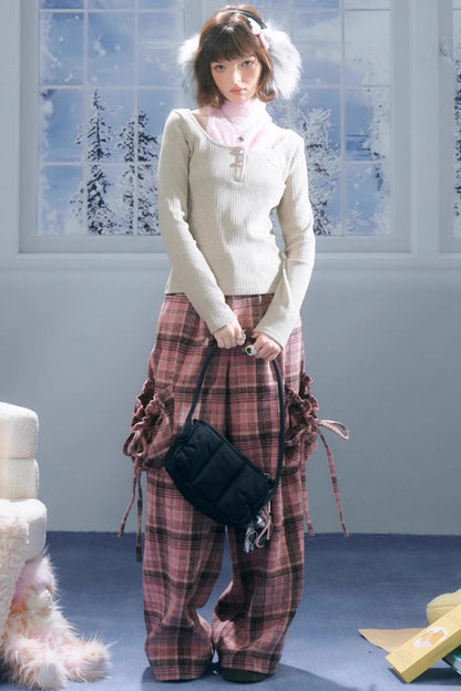 American Pink Plaid Wide-Leg Slacks