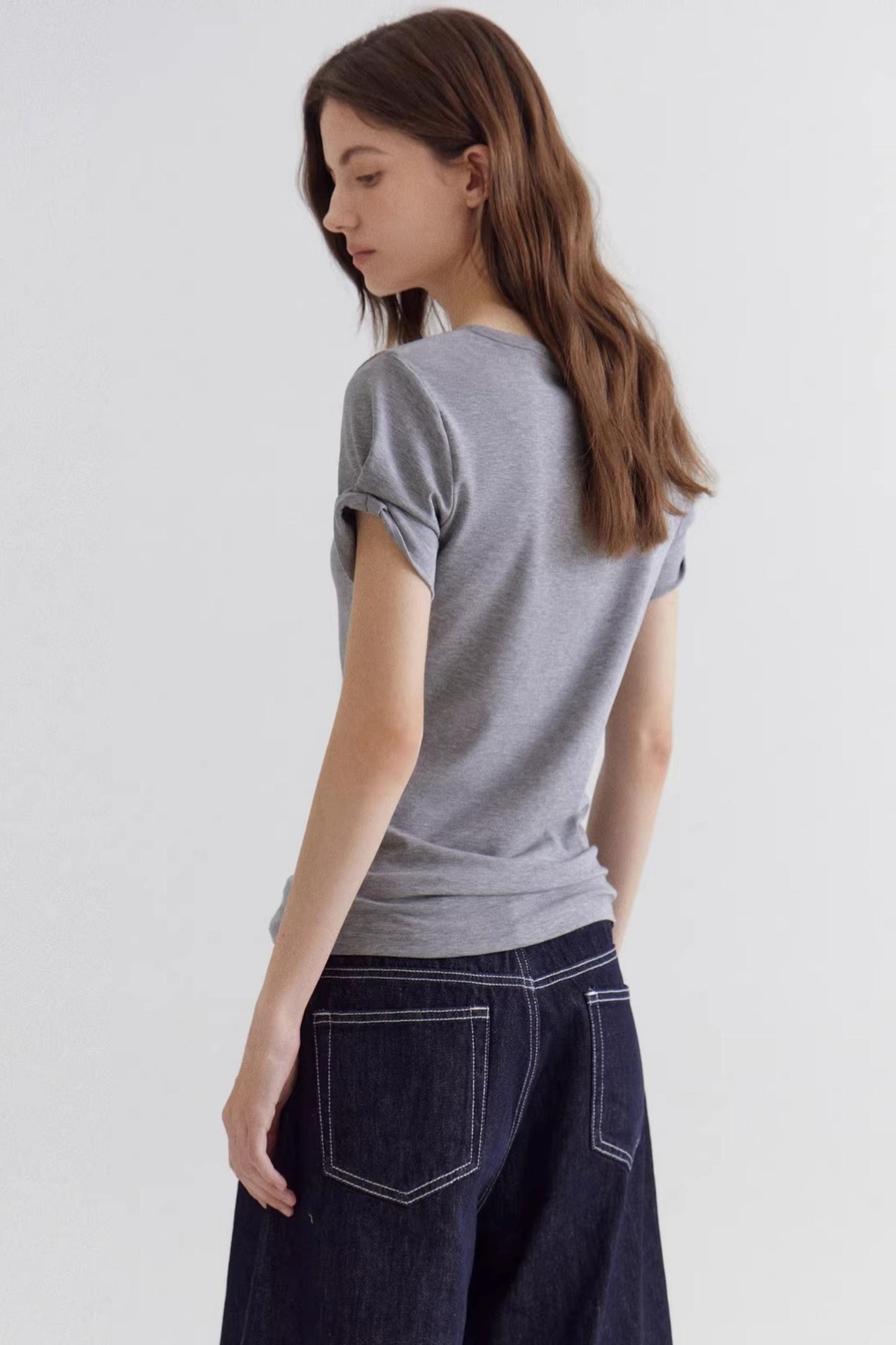 Gray V-Neck Waist-Cinching Top