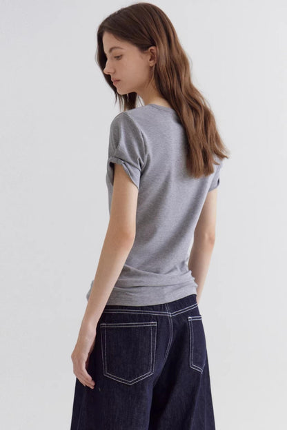 Gray V-Neck Waist-Cinching Top