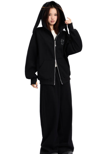 Bunny Ears Hooded Cardigan & Wide Pants Set-Up