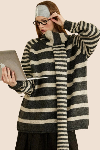 Thickened Striped Loose Knit Top Scarf Set