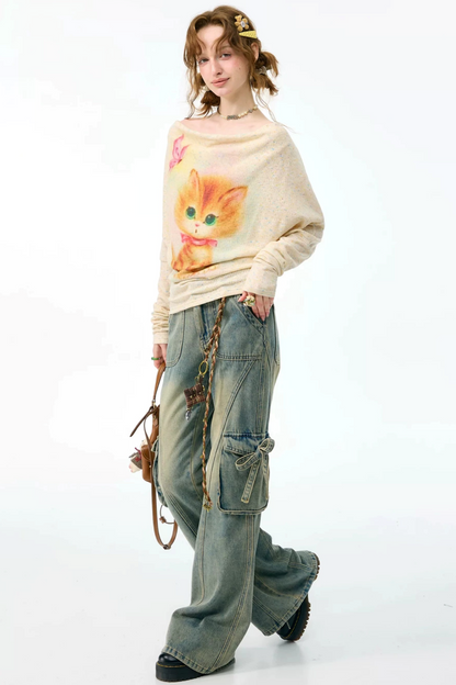 Cat Print Long Sleeve Blouse