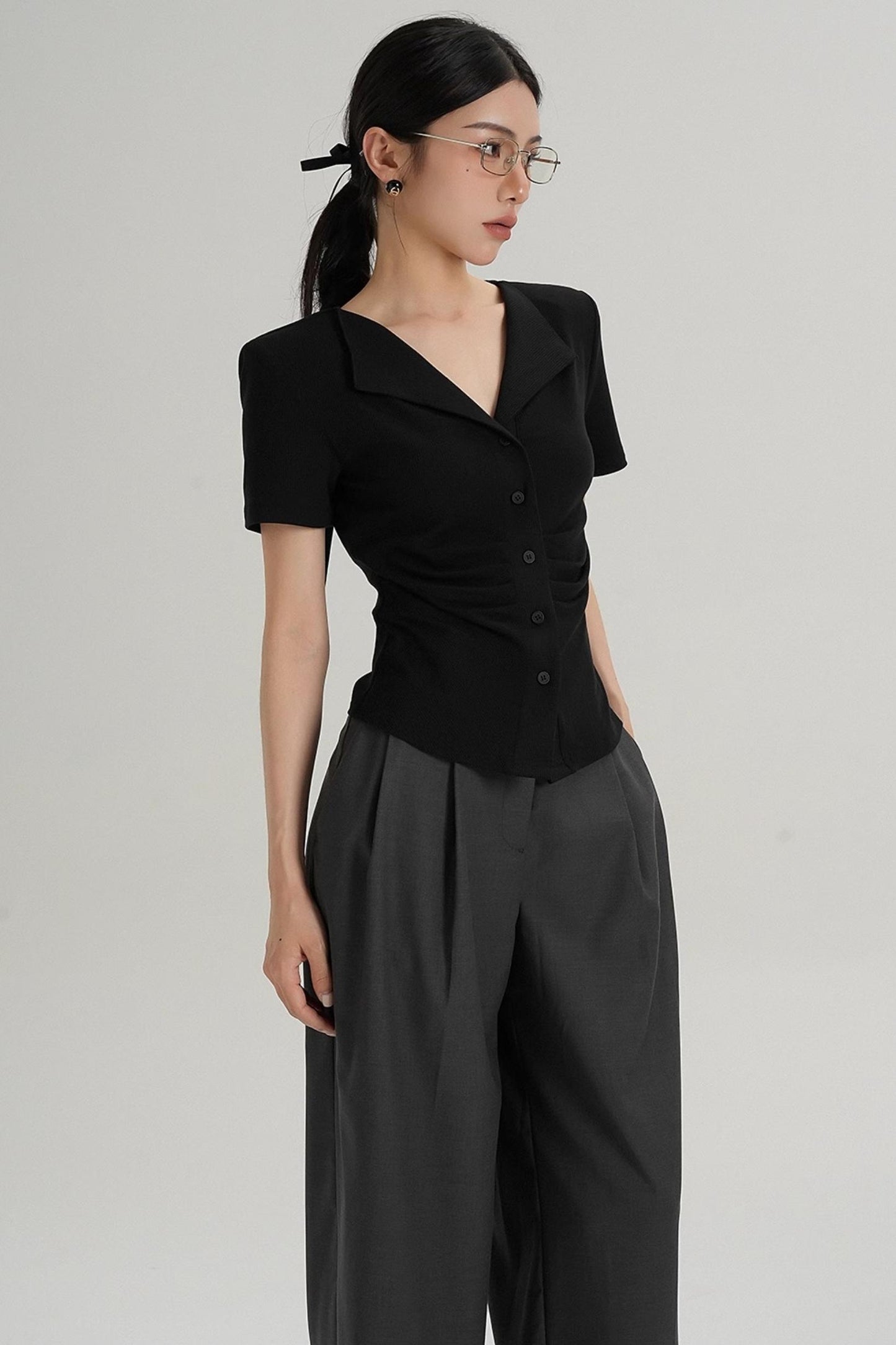 Pleated V-Neck Blouse