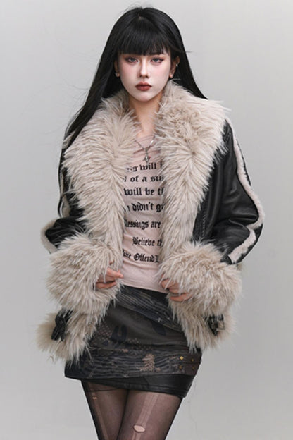 Ghost Girl, Eco-friendly Fur, Big Fur Collar, Fur Integrated Thick Jacket, Female, Autumn and Winter, Unique, Super Good-looking Leather Girl