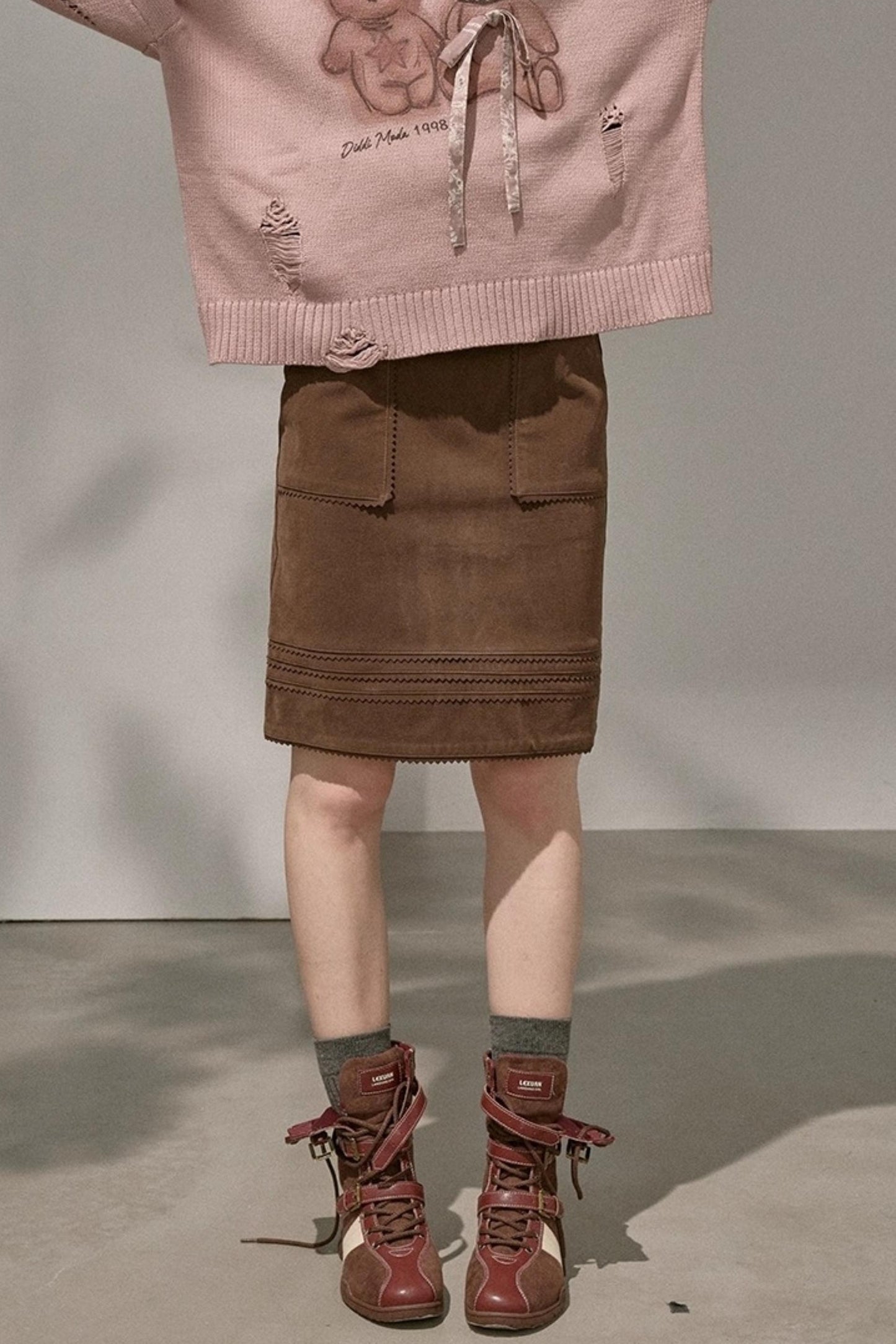 Layering Wave Lace Leather Skirt