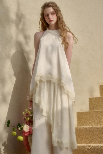 Conjunto de traje de satén de encaje de perlas