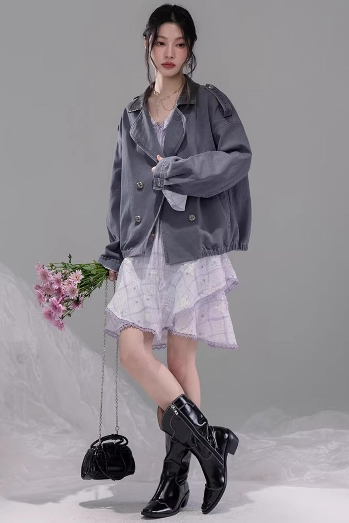 Ink Gray Leather Patchwork Jacket